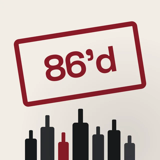 The 86'd app icon: a red 86'd stamp above a skyline of bottles